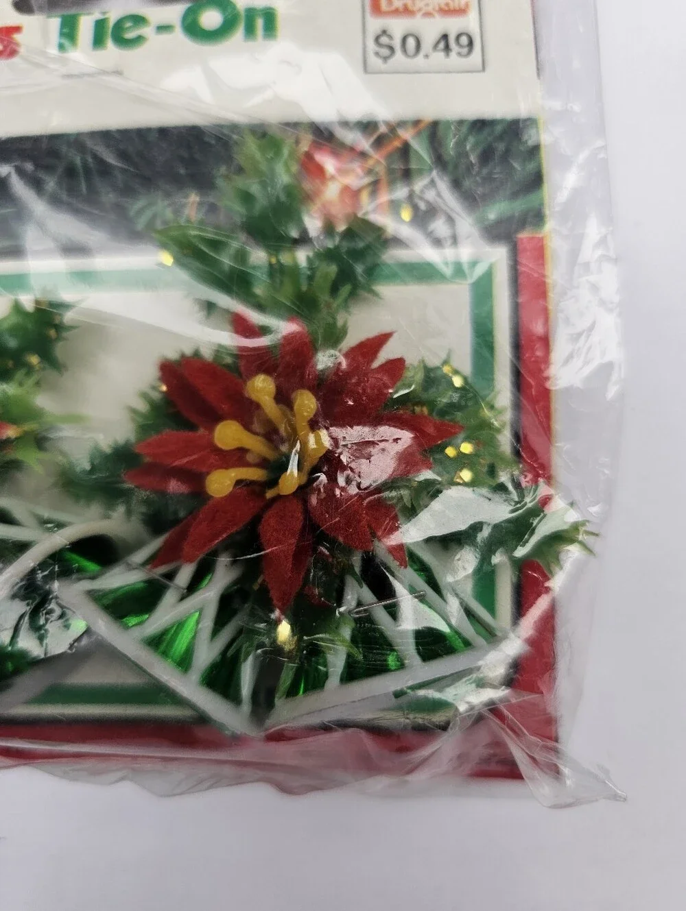 Vintage Christmas Package Wrapping Tree Ornament Tie-Ons Bells Poinsettia NOS